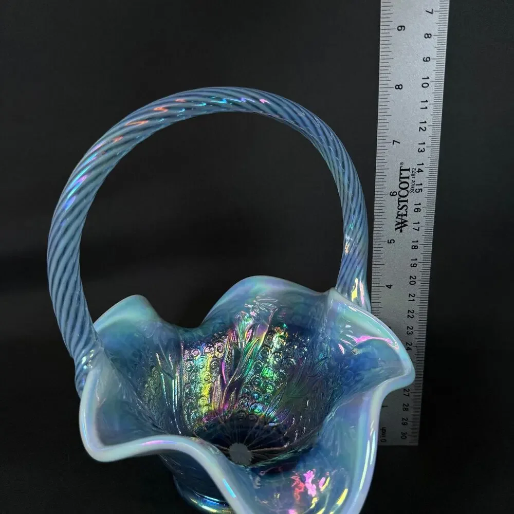 Fenton Iridescent Blue Carnaval Glass Basket h8